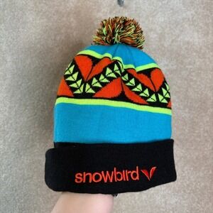 SNOWBIRD Ski Resort Pom Beanie‎ Hat One Size Neon Retro